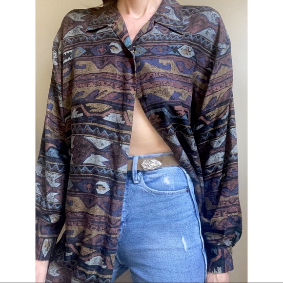Vintage Tops - Vintage Boyfriend Silk Aztec Blouse